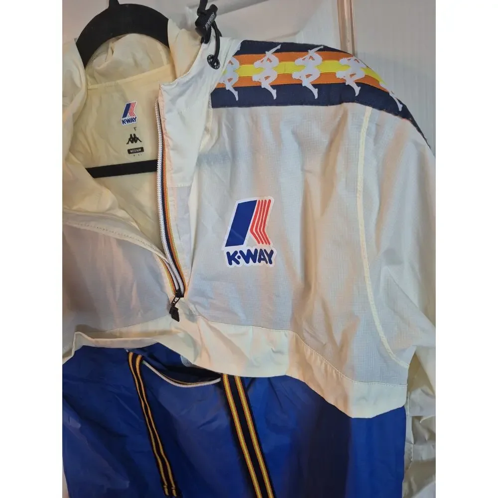 Kappa KWAY Blue White Windbreaker Jacket Medium Hoodie Italy Le Vrai Leon Banda